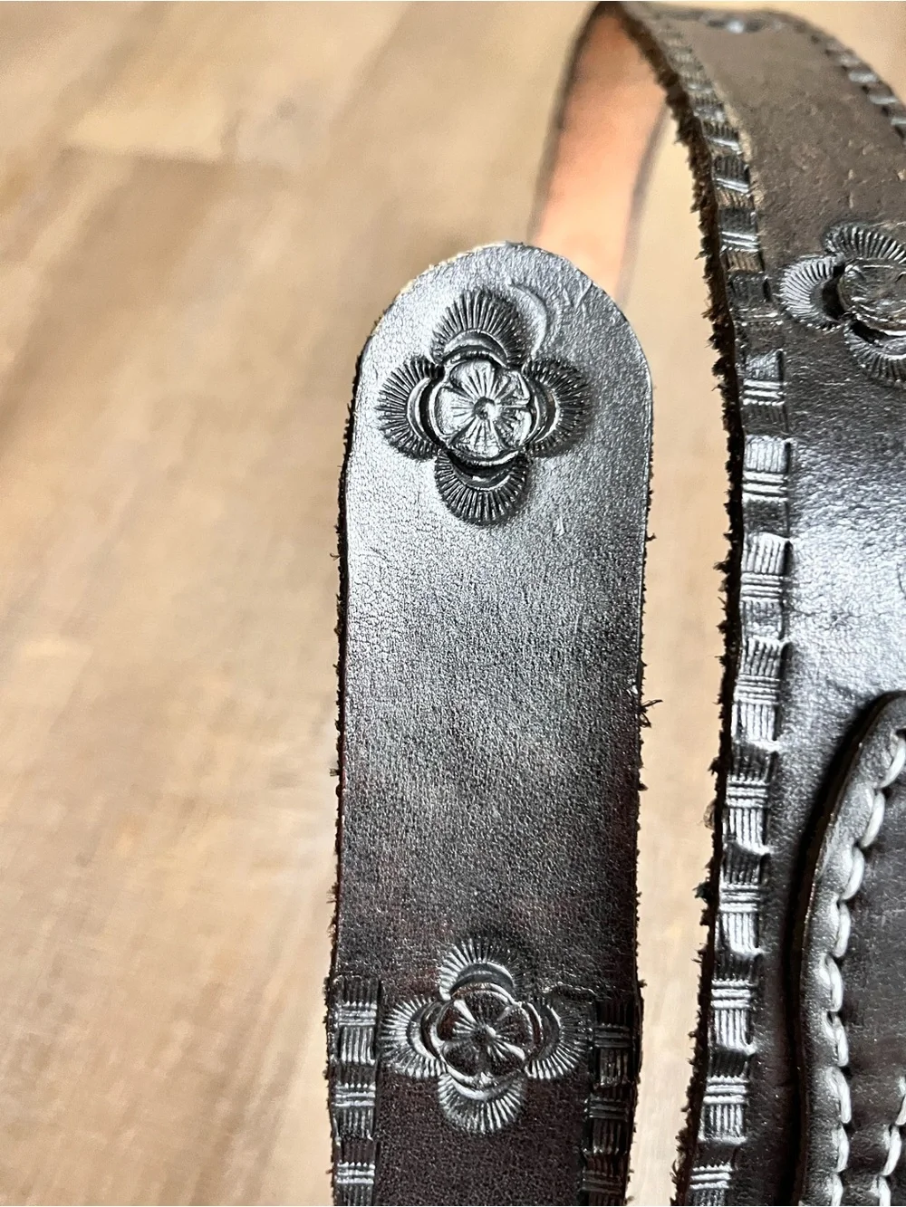 Handmade black leather belt southwestern silver tone buckle size 38/40 stamped